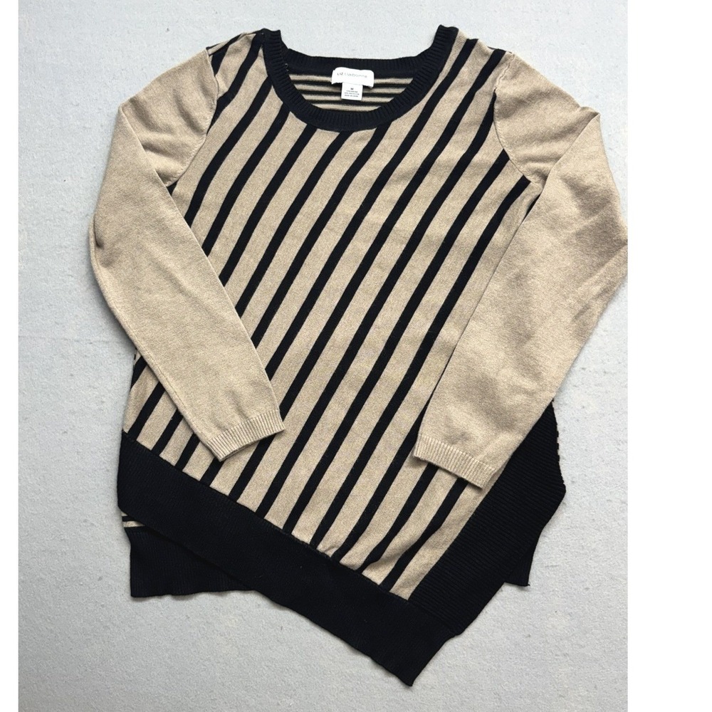 Liz Claiborne Sweater Woman Medium Black Tan Long Sleeve Career Asymmetrical Hem